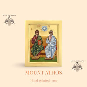Holy Trinity Icon • Hospitality of Abraham • Hand-Painted Orthodox Icon • 24K Gold • Byzantine Sacred Art from Mount Athos