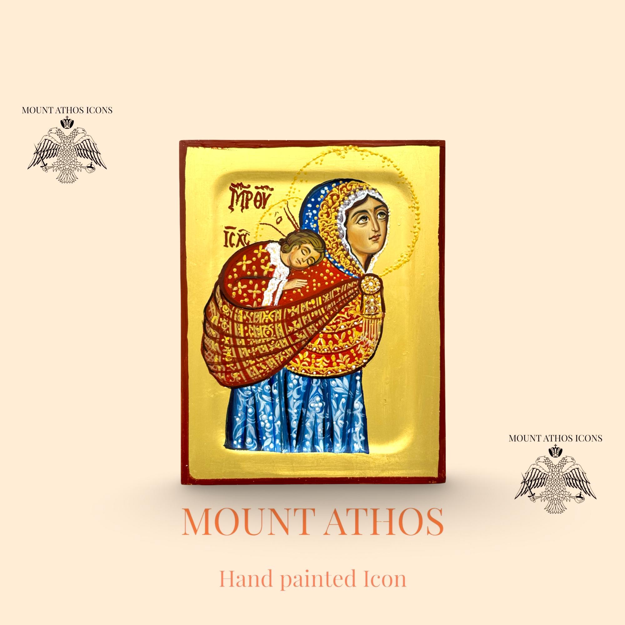 Hand Painted Virgin Mary Icon, Theotokos Lullaby Icon, Mount Athos 