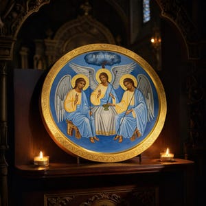 Op de afbeelding: Een rond icoon met drie figuren met halo's en vleugels tegen een blauwe achtergrond. De figuren dragen blauwe en gouden gewaden, met de Griekse tekst "Η ΑΓΙΑ ΤΡΙΑΣ" bovenaan. Het icoon is goudomrand en staat op een houten plank met brandende kaarsen.