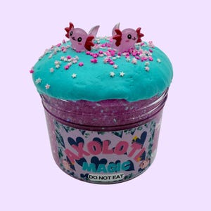 May include: A jar of slime with a teal top decorated with sprinkles and two pink axolotl figurines. The jar has a purple base and a label that reads "Axolotl Magic" and "Do Not Eat".