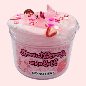 May include: Pink slime in a clear plastic container with a pink and white label that says "Strawberry axolotl" and "Do Not Eat". The slime is topped with a pink axolotl charm, strawberries, and sprinkles.