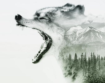 Wolf Art - loup et montagnes Double exposition imprimer - décoration sur le thème de la Nature