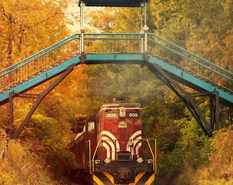 Trainen van foto - Lake Winnipesaukee New Hampshire Railroad Train in herfst loof - vierkante afdrukken