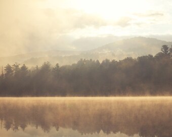 Sunrise on Vermont Lake  - Golden Sunrise on Misty Mountain Lake  - Nature Landscape Panorama Print - Cottage Cabin Decor