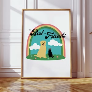Best Friends Poster, Cute Animal Illustration, Dog and Cat Art Print, Retro Style Pet Art, Playful Home Decor, Retro Rainbow