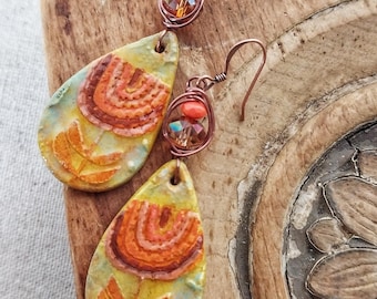 Hand Painted Clay Flower Earrings: Folk Art Style Jewelry