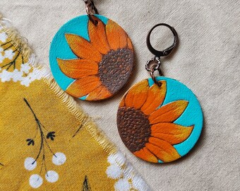 Sunflower earrings, handpainted earrings, painted leather, bright colors