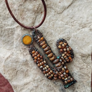 Rustic Beaded Cactus Pendant, Beaded Artisan Jewelry, Desert Inspired ...