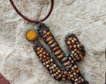 Rustic beaded cactus pendant, beaded artisan jewelry, desert inspired, boho jewelry, cowgirl, Southwestern, boho western, Fall colors