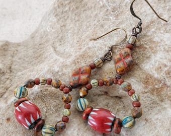 Beaded Boho Dangle Earrings: Rustic Czech Glass & Indian Chevron