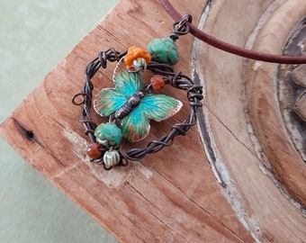 Butterfly in the garden necklace, heart shaped, wire wrapped, hand painted butterfly