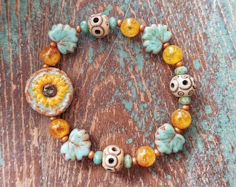 Sunflower beaded stretch bracelet, hand painted