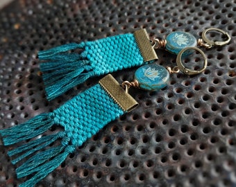 Hand woven beaded earrings, fringe earrings, lightweight earrings, Peacock blue