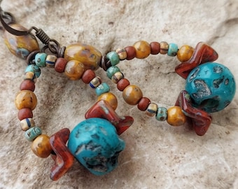 Beaded Boho Dangle Earrings: Rustic Czech Glass & Sherpa Beads