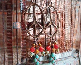 Peace sign earrings, beaded boho earrings, hippie style