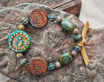 Southwestern stretch bracelet, boho western, handpainted Aztec bird, beaded bracelet