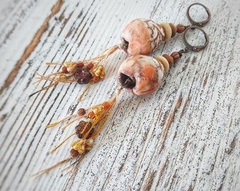 Long boho earrings, ceramic cones, artisan earrings, boho earrings, knotted fringe earrings, bell earrings