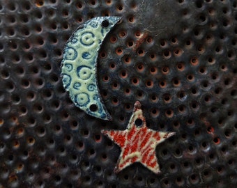 Enameled charms, moon and star, handmade torch fired enamel, artisan jewelry components