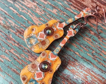 Boho Guitar Earrings: Washi Tape Collage, wearable art