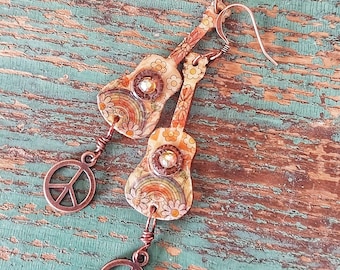 Boho Guitar Earrings: Washi Tape Collage, Peace signs