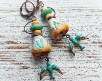 Hand Painted Ceramic Bell Bird Earrings, Rustic Boho Beaded Jewelry