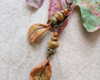 Boho Leaf Earrings, Hand Painted Ceramic, Czech Glass Beads