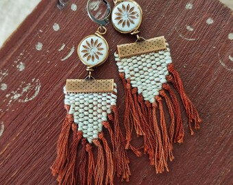 Hand woven beaded earrings, fringe earrings, lightweight earrings, Fringe-y triangles