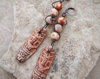 Long earrings, ceramic charms, artisan earrings, boho earrings, primitive wire wrapped earrings