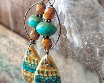 Folk Art Flowers: Hand painted clay earrings, bright colors