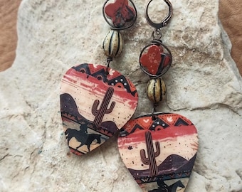 Western Earrings: Washi Tape Desert Scene, Czech Glass Beads