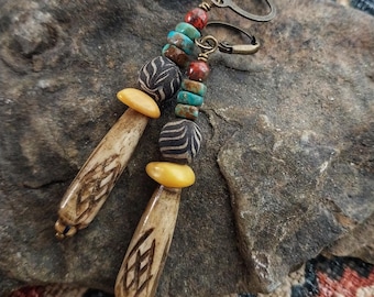 Rustic boho earrings, stacked dangle earrings, bone beads and turquoise