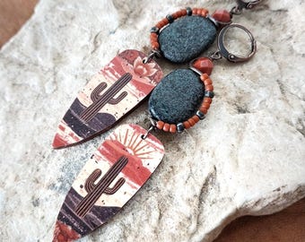 Desert Sunset Earrings: Washi Tape Art, Czech Glass Beads
