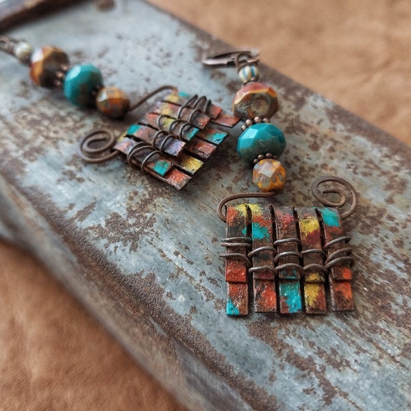 Primitive earrings, wearable art, found object jewelry, artisan jewelry