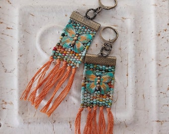 Hand woven earrings, fringe earrings, lightweight earrings, hand painted butterflies