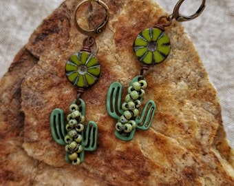 Beaded Cactus Earrings: Czech Glass Boho Dangle Earrings