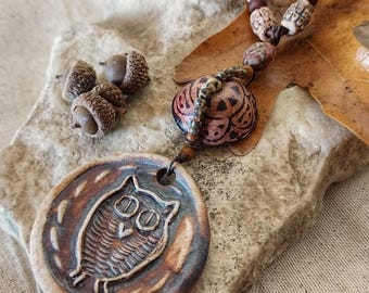 Ceramic Owl Necklace: Fall Colors, Wire Wrapped