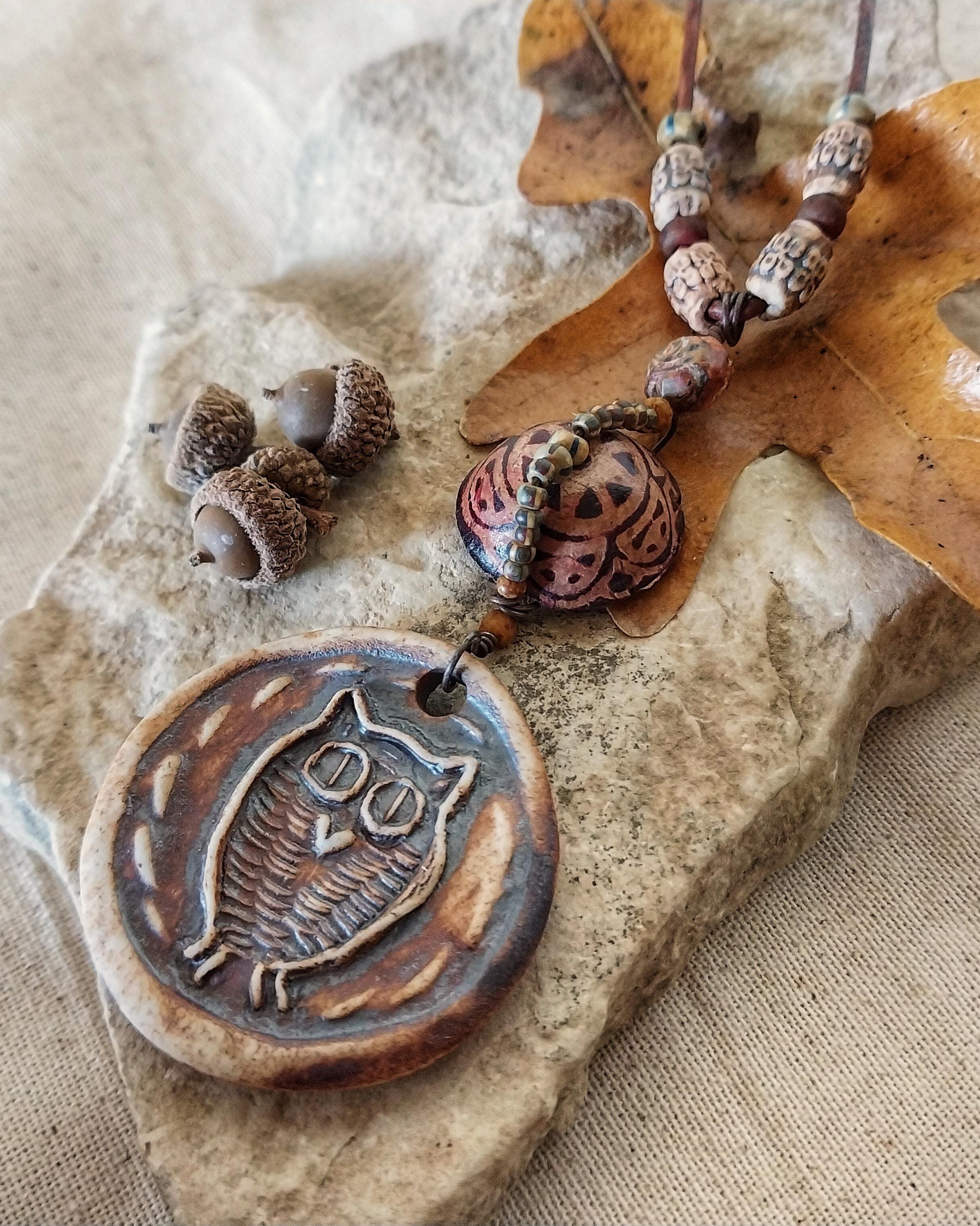 Ceramic Owl Necklace: Fall Colors, Wire Wrapped