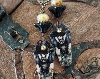 Spooky Bats Collage Earrings: Czech Glass Beads, Goth Halloween Jewelry