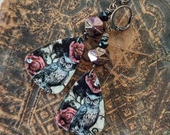 Washi Tape Owl Earrings: Czech Glass Beads, Goth Boho Jewelry