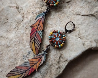 Boho feather earrings, beaded earrings