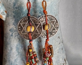 Boho coin earrings:vintage coins, beaded fringe