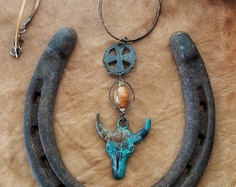 Rustic western necklace, cow skull, wild west, desert, rusty patina, cowgirl boho
