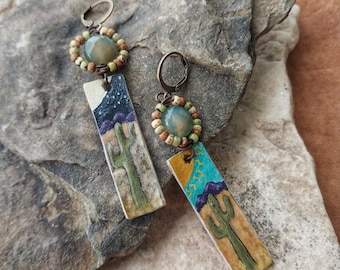 Hand Painted Cactus Dangle Earrings: Day and Night Desert Scene