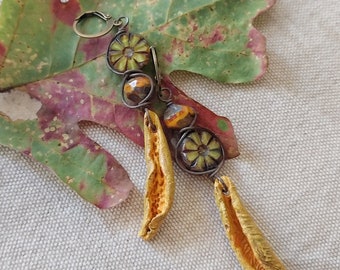 Hand Painted Ceramic Leaf Earrings, Boho Beaded Jewelry