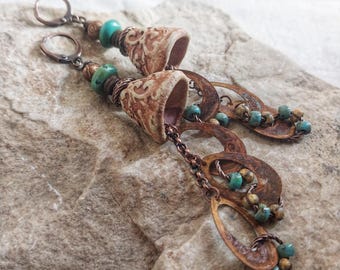 Artisan Ceramic Cone Dangle Earrings, Turquoise, Etched Agate, Rusted Copper Charms
