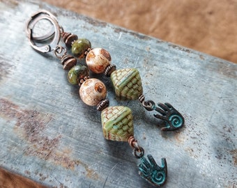 Dangle earrings, helping hands, rustic boho earrings