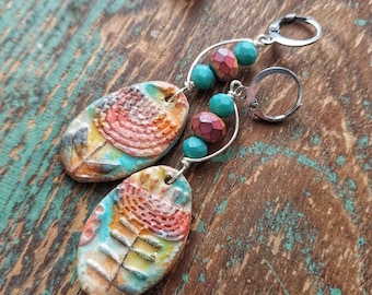 Folk Art Flowers: Hand painted clay earrings, Spring colors