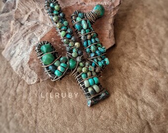 Turquoise beaded cactus pendant, genuine turquoise beads, beaded artisan jewelry,desert inspired, boho jewelry, cowgirl, Southwestern