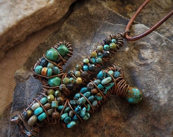 Turquoise beaded cactus pendant, genuine turquoise beads, beaded artisan jewelry,desert inspired, Southwestern, Belle Armoire Jewelry