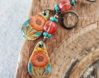 Folk Art Flowers: Hand painted clay earrings, art jewelry, Scandi style